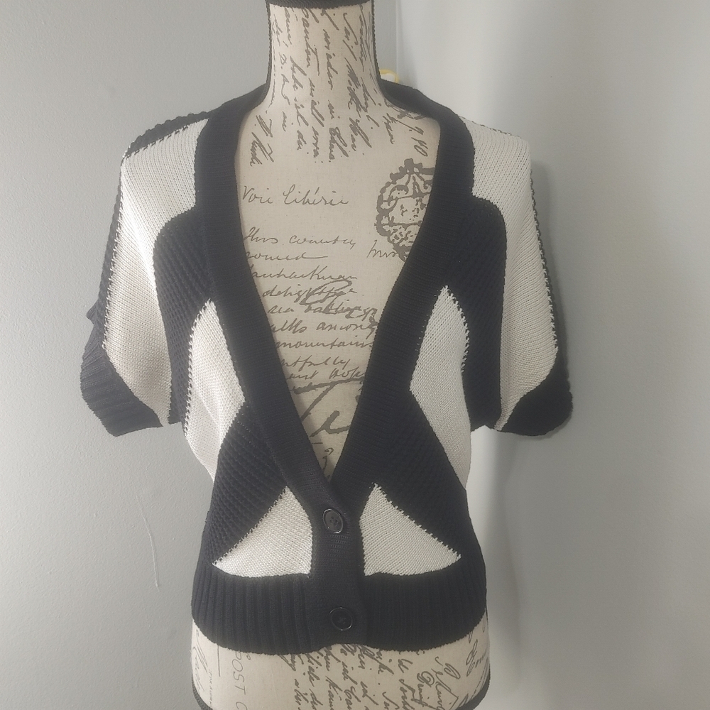 Worthington Black and White Striped Short Sleeved Knit Cardigan S